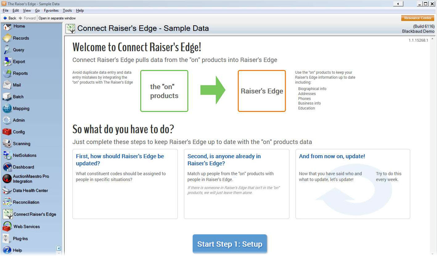 The Welcome screen for Connect RE. An arrow points from the On products to Raisers Edge